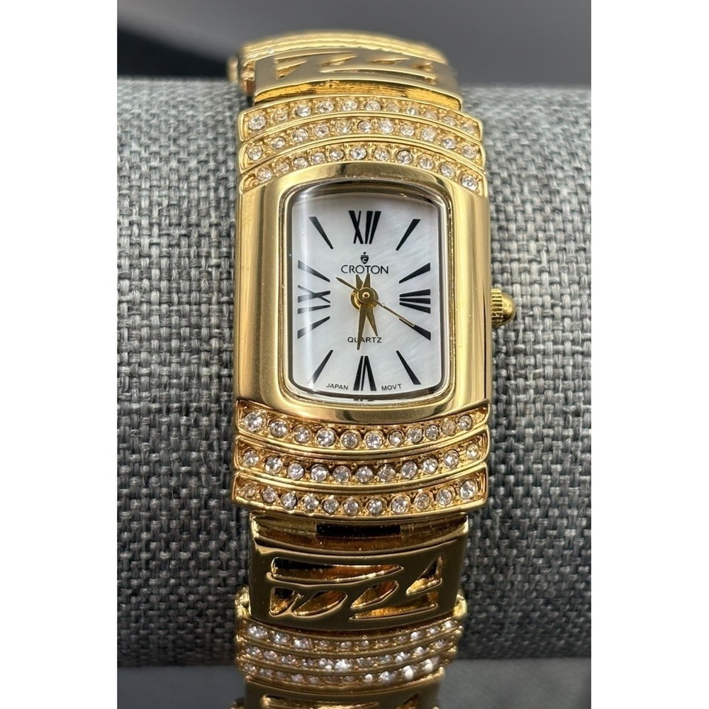 Croton Quartz Watch 23k Gold Plated Rhinestone Crystal Encrusted Needs Battery